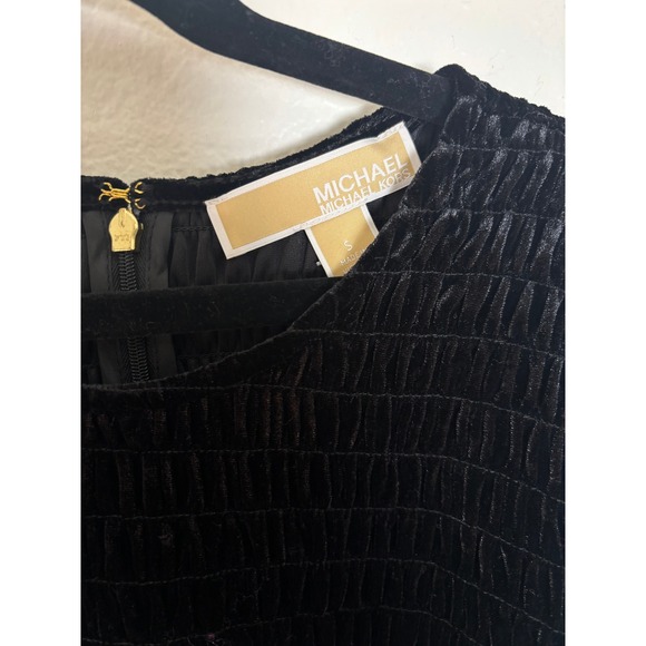 NEW Michael Kors Smocked Stretch Velvet Ruffle Mini Dress Black Small - Picture 3 of 8